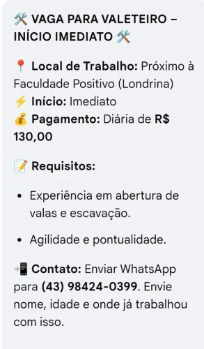 Vaga serviço gerais (valeteiro)