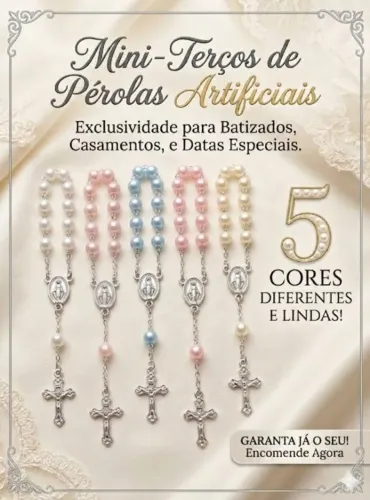 05 Mini Terços Perolados Lembrancinha Batizado Comunhão