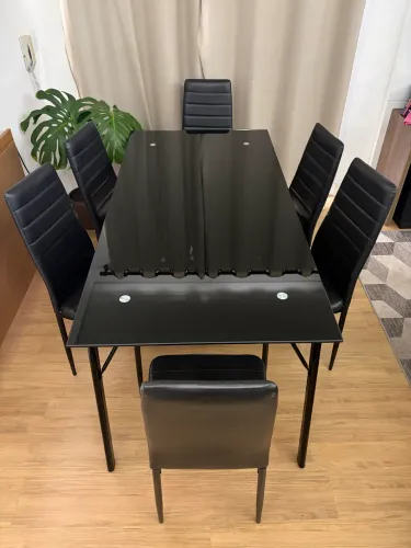 Mesa de Jantar 6 Lugares Vidro Preto 1,60m + 6 Cadeiras
