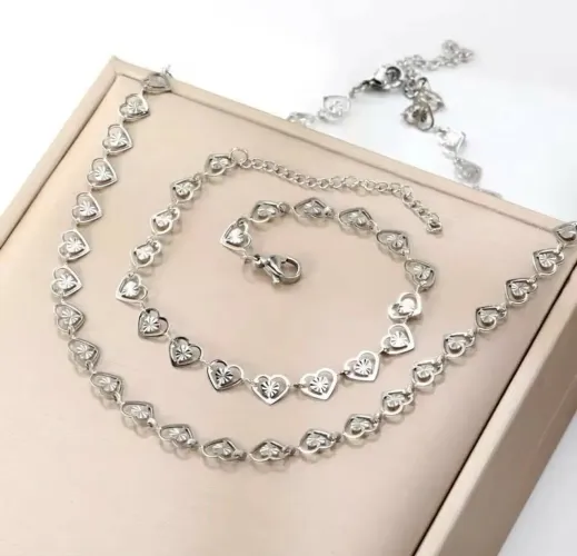 Conjunto colar e pulseira de coração em aço inoxidável