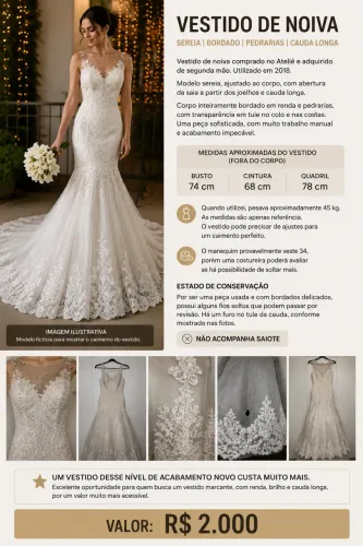 Vestido de Noiva Sereia Bordado com Pedrarias e Cauda Longa