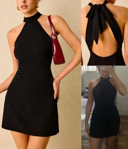 Vestido preto formal gola halter costa com laço ajustável tubinho (Pp)