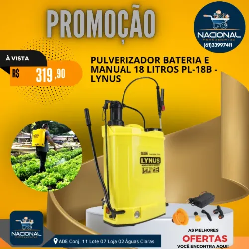 Pulverizador a Bateria Lynus PL-18B 18L Alta Autonomia Costal Potente Novo