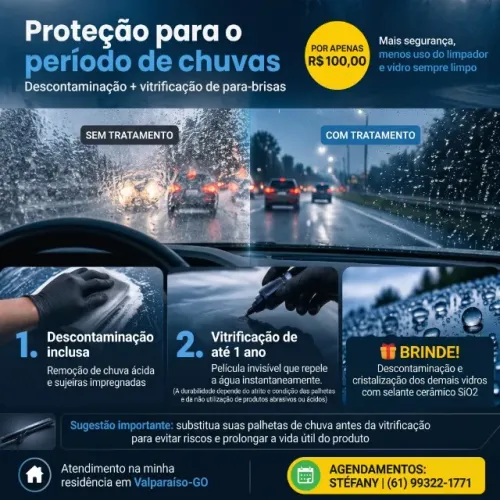 Descontaminação + Vitrificação de Para-brisa + Brinde (Valparaíso) - R$ 100