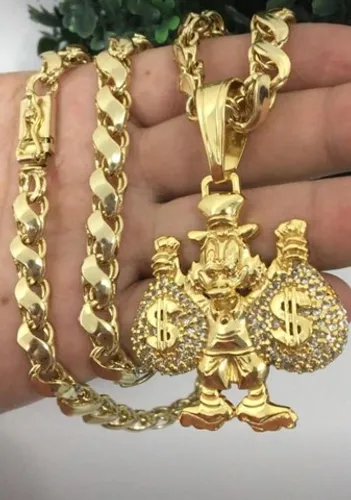 Cordão Friso "S" banhado a ouro 18k Pingente personalizado Tio Patinhas cravejado 
