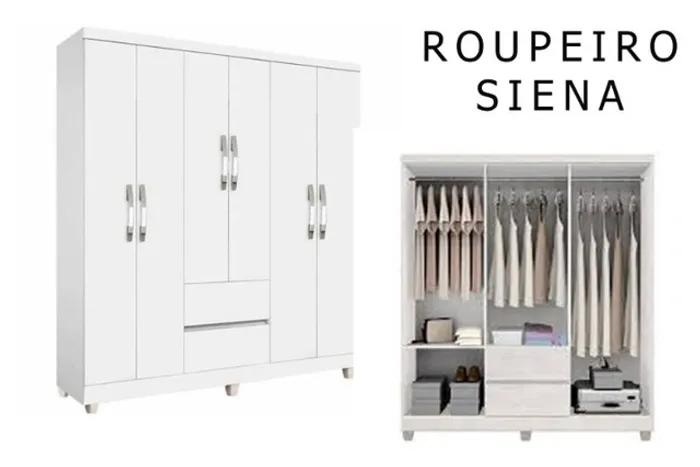 Roupeiro Siena 6P2G Branco Neve - Frete Grátis - 10x S/ Juros - Receba Hoje
