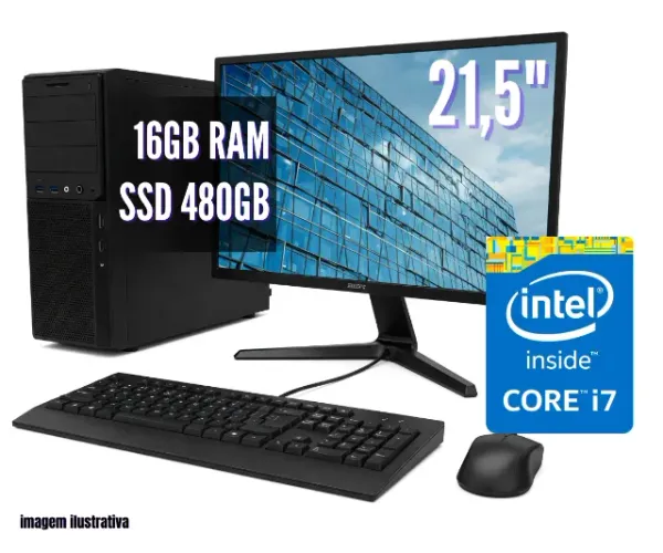 Computador Intel Core i7 - 16Gb Ram - SSD 480Gb + Monitor 21,5 Polegadas - Novo - Loja 