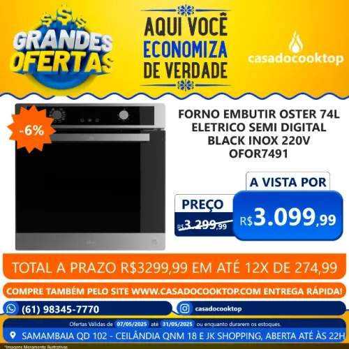 Forno Embutir Oster 74l Eletrico Semi Digital Black Inox 220v OFOR7491-220