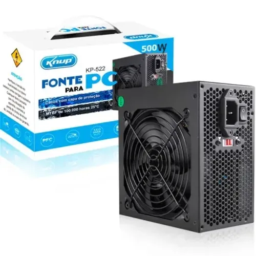 [Nova] Fonte Gamer Knup 500W Bivolt 24 Pinos Chaveada Com Cabo de Força!