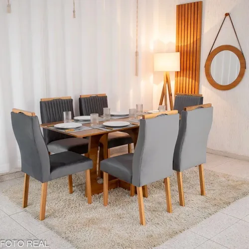 Mesa de Jantar Tampo 160x80 6 Cadeiras Genova Veludo Madeira Maciça- Produto Novo 