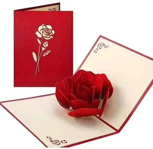 Cartão De Felicitações 3D Pop-Up Com Rosa Vermelha Romântica
