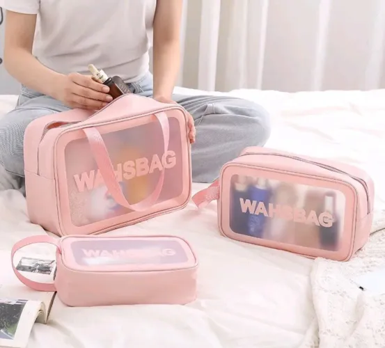 Kit com 3 Necessaires transparentes à prova d'água de tamanhos variados