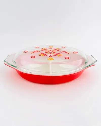 caçarola vintage pyrex pirex com divisórias tampa design de pássaros da amizade anos 1970