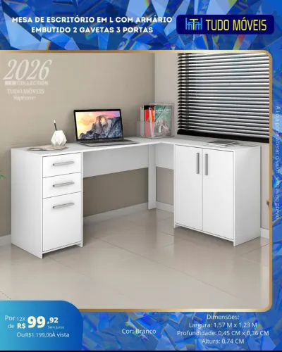 Mesa de escritório em L com 3 portas e 2 gavetas