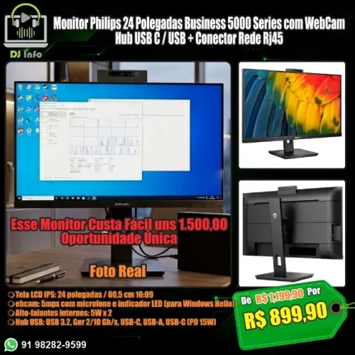Monitor Philips 24" Business 5000 Series WebCam Hub USB C / USB + Conector Rede RJ45