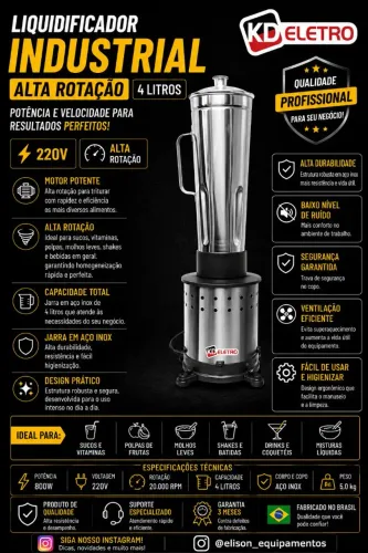 Liquidificador industrial 4 litros alta rotação