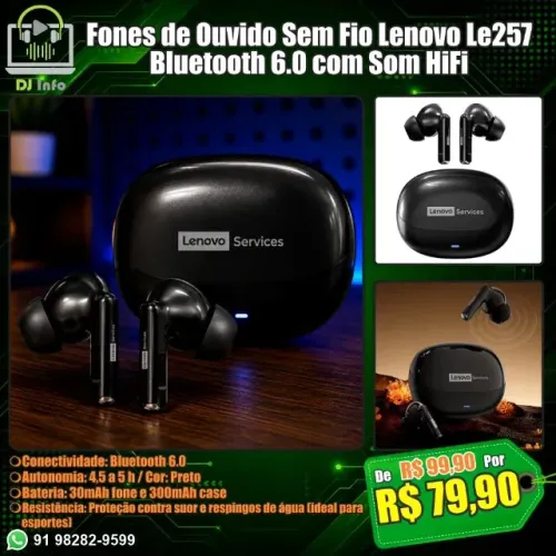 Fones de Ouvido Sem Fio Lenovo LE257 Bluetooth 6.0 com Som HiFi