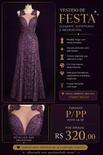 Vestido de Festa Longo Roxo Mauve | Renda Bordada | P/PP | Como Novo