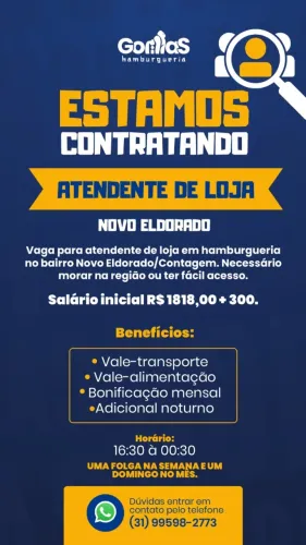 Vaga atendente de loja/garcon