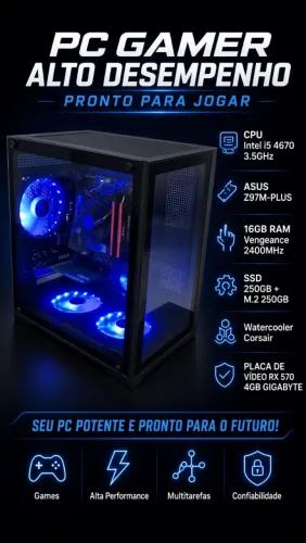 Pc gamer ssd 500gb ram ddr3 16gb vengeance 2400mhz placa de video rx 570 4gb watercooler c