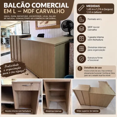 Balcão de Atendimento em L MDF Carvalho - Recepção Comercial com Gaveta