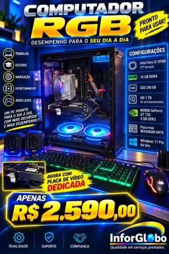 PC Gamer RGB i3 10ª Geração 16GB Completo com Acessórios