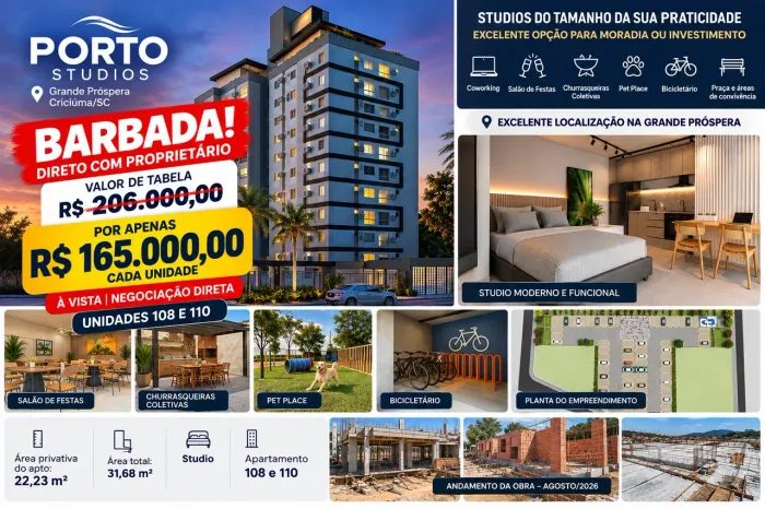 ? BARBADA! Porto Studios - R$ 165 MIL CADA | Direto com Proprietário