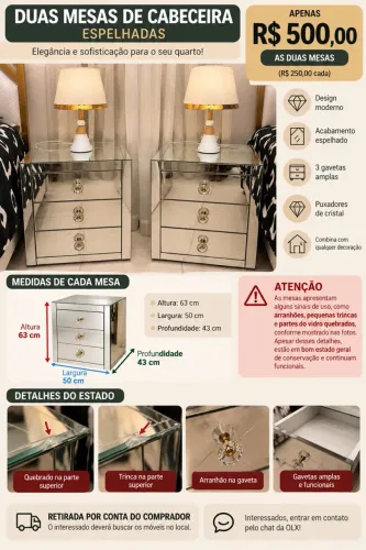 Mesa de cabeceira Espelhada - 2 peças juntas