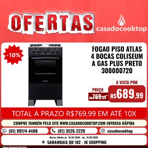 FOGAO PISO ATLAS 4 BOCAS COLISEUM A GAS PLUS PRETO 300000720