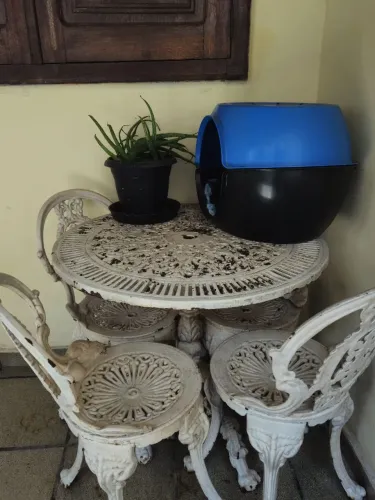 Conjunto de mesa e 4 cadeiras de jardim ou pátio, em ferro trabalhado.