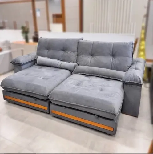 Sofá Retrátil Reclinável Veludo Cinza 2,50m Linha Majesty Comfort