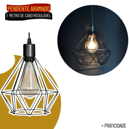  Pendente Diamante Aramado Preto para Teto Lustre Decorativo Moderno - SCS76