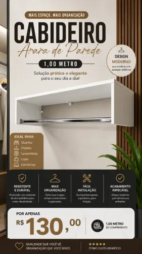 Cabideiro de Parede 1 Metro - R$130