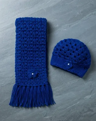 Kit Touca E Cachecol Feminino Infantil De Crochê Azul Royal