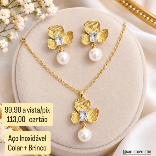 Colar + Brinco em Aço Inoxidável 