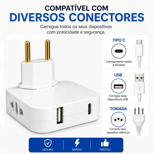 Adaptador de tomada com 2 saídas padrão, USB e USB-C / SUPER OFERTA
