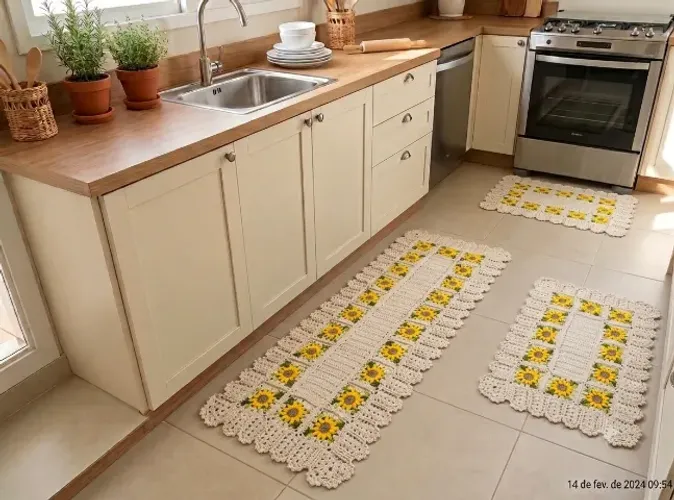 Tapete de crochê com flores de girassol com 3 pecas