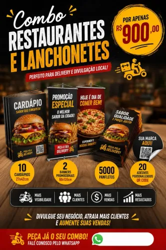 Combo restaurantes lanchonetes : 5000 panfletos+ 10 cardápios + 50 QR code + 2 banner
