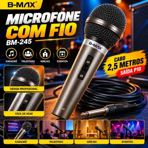 Microfone Para Karaokê Musical Palestra com cabo 2.5 Metros 