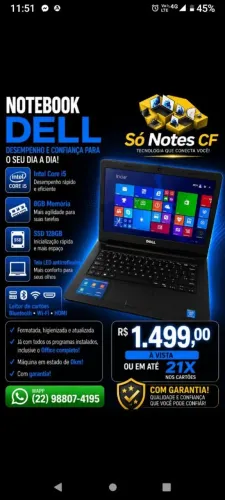 Notebook DELL i5 8GB memória em estado de 0km