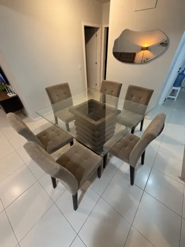 Mesa de Jantar 6 Lugares com Tampo de Vidro + 6 Cadeiras