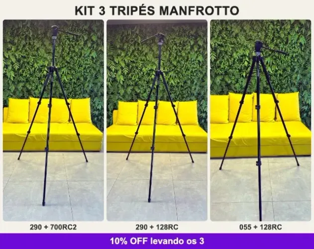 Kit Estúdio 3 Tripés de Vídeo Manfrotto com Cabeças Fluidas - Podcast