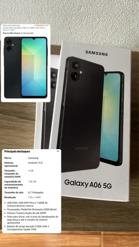 Celular Samsung Galaxy A06 5G 128GB, 4GB, Preto | Tela 6.7", IP54