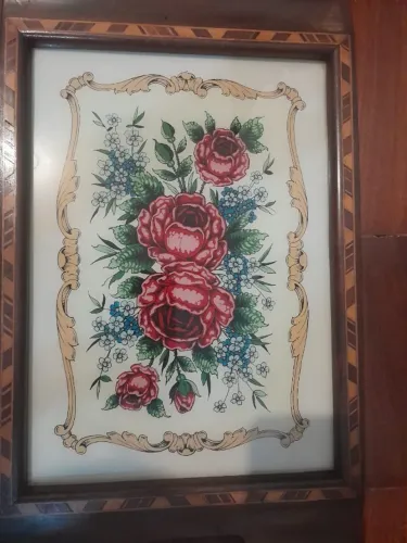 Bandeja Antiga De Coleção - Vidro Decorado Floral E Moldura Marchetada
