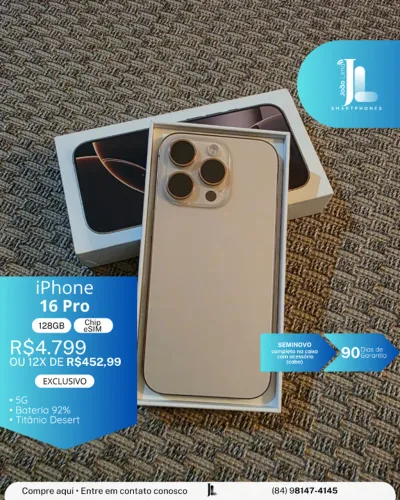 IPHONE 16 PRO, 5G, 128GB, CHIP ESIM, TITÂNIO DESERT, SEMINOVO , EXCLUSIVO!