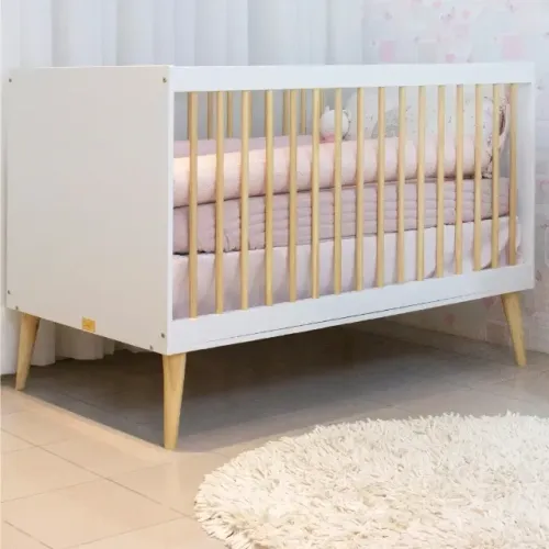 QUATER - Berço Americano 2 em 1 MDF Linha Retrô Branco com Carvalho + 1 colchão novo extr