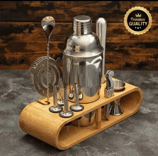Kit Coquetelereira Profissional Aço Inox 550ml 10 peças com suporte de Bambu