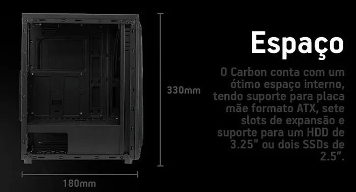 Gabinete gamer tgt carbon black, mid-tower lado vidro 3 modelo escritorio
