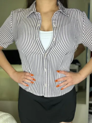 Camisa listrada feminina P Roxa com branco 