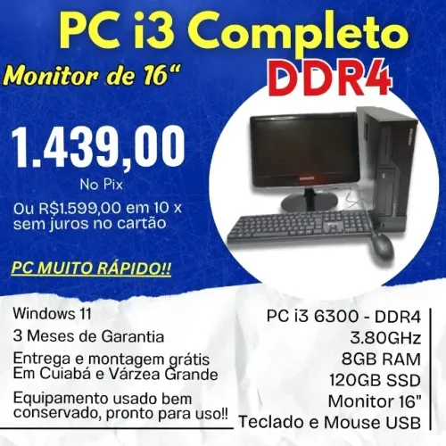 PC i3 Completo DDR4 com monitor de 16? + Teclado e mouse USB Com garantia e parcela no car